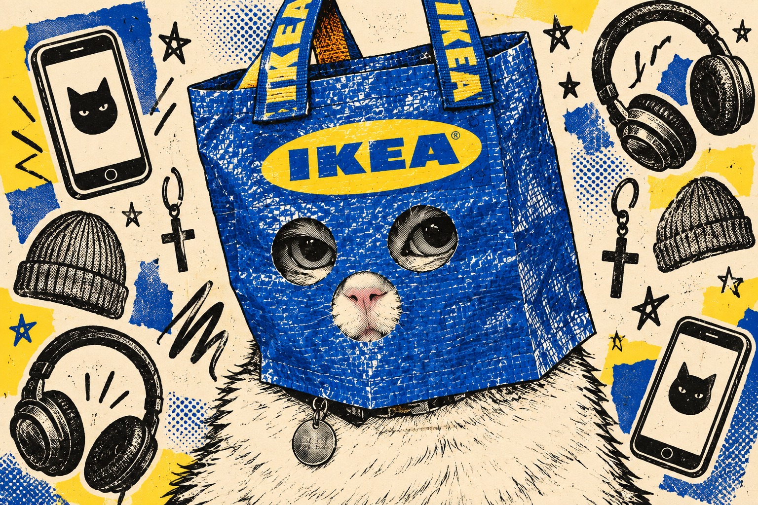 Hand-drawn white cat wearing a blue IKEA bag mask, surrounded by headphones, phones and hipster objects